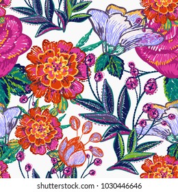 Embroidery floral patches seamless pattern with marigold flower, blue flowers, pink rose, peony embroideries, decorative branch, berry branches in vintage watercolor style. Vector stitching.