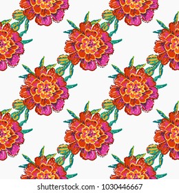 Embroidery Floral Patches Seamless Pattern With Marigold Flower Embroideries In Vintage Watercolor Patch Style. Colorful Bright Illustration On White Background.