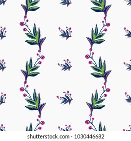 Embroidery floral patches seamless pattern with decorative branch patch and small berry branches embroideries in vintage watercolor style. Colorful bright illustration on white background.