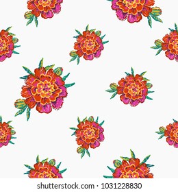 Embroidery floral patches seamless pattern with marigold flower embroideries in vintage watercolor patch style. Colorful bright illustration on white background.