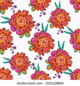 Embroidery floral patches seamless pattern with marigold patch in vintage watercolor style. Colorful bright illustration on white background with embroideries.