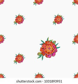 Embroidery floral patches seamless pattern with marigold flower embroideries in vintage watercolor patch style. Colorful bright illustration on white background.