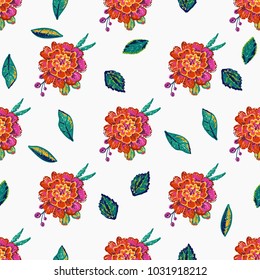 Embroidery floral patches seamless pattern with marigold patch in vintage watercolor style. Colorful bright illustration on white background with embroideries.