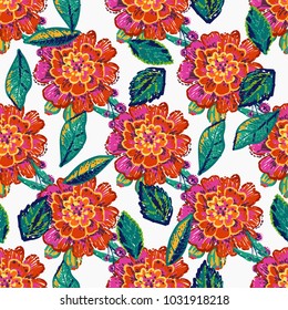 Embroidery floral patches seamless pattern with marigold patch in vintage watercolor style. Colorful bright illustration on white background with embroideries.