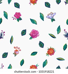 Embroidery floral patches seamless pattern with marigold flower, blue flowers, pink rose, peony embroideries, decorative branch, berry branches in vintage watercolor style. Vector stitching.