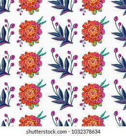 Embroidery floral patches seamless pattern with marigold patch and decorative branch embroideries in vintage watercolor style. Colorful bright illustration on white background.