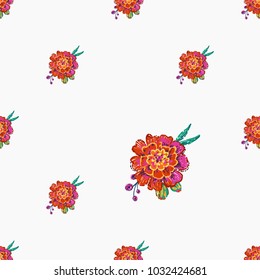 Embroidery floral patches seamless pattern with marigold patch in vintage watercolor style. Colorful bright illustration on white background with embroideries.