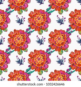 Embroidery floral patches seamless pattern with marigold patch and decorative branch embroideries in vintage watercolor style. Colorful bright illustration on white background.