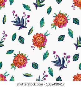 Embroidery floral patches seamless pattern with marigolds patch, decorative branch, small berry branches, marigold flower embroideries in vintage watercolor style. Colorful stitching illustration.