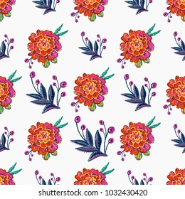 Embroidery floral patches seamless pattern with marigold patch and decorative branch embroideries in vintage watercolor style. Colorful bright illustration on white background.
