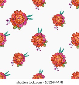 Embroidery floral patches seamless pattern with marigold patch in vintage watercolor style. Colorful bright illustration on white background with embroideries.