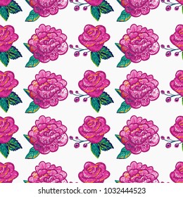 Embroidery floral patches seamless pattern with peony patch and pink rose embroideries in vintage watercolor style. Colorful bright illustration on white background.