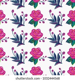 Embroidery floral patches seamless pattern with pink rose patch and decorative branch in vintage watercolor style. Colorful bright illustration on white background.