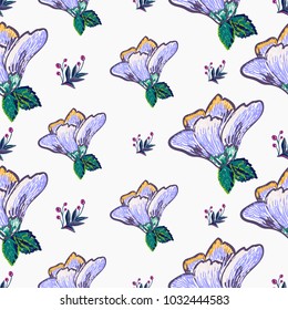 Embroidery floral patches seamless pattern with blue flower patch and decorative branch embroideries in vintage watercolor style. Colorful bright illustration on white background.