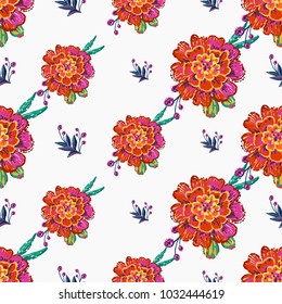 Embroidery floral patches seamless pattern with marigold patch and decorative branch embroideries in vintage watercolor style. Colorful bright illustration on white background.