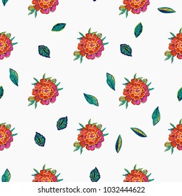 Embroidery floral patches seamless pattern with marigold flower embroideries in vintage watercolor patch style. Colorful bright illustration on white background.