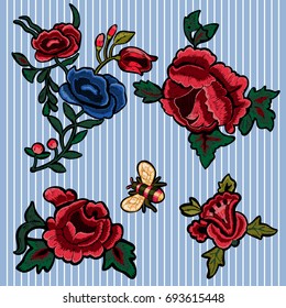 Embroidery floral patches with simplified roses and bee. Vector embroidered flowers elements for fashion design.