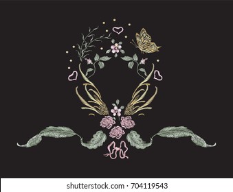 Embroidery floral pattern with butterfly, hearts and flowers. Vector embroidered element for wedding design.