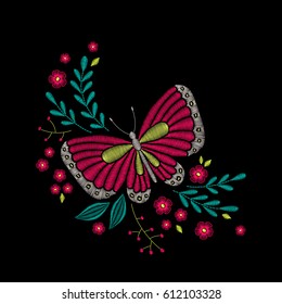Embroidery floral pattern with butterfly, leaves and red flowers on black background. Vector fashion ornament