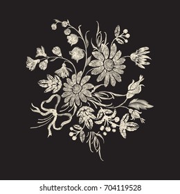 Embroidery floral pattern with chamomiles, bow and flowers. Vector embroidered one-color element for clothing design.