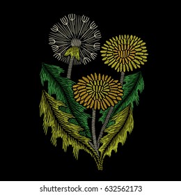 Embroidery floral pattern with dandelion on black background. Vector fashion ornament