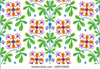Embroidery floral pattern, decorative textile ornament, pillow or bandana decor. Bohemian handmade style background design.