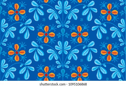 Embroidery floral pattern, decorative textile ornament, pillow or bandana decor. Bohemian handmade style background design.

