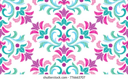 Embroidery Floral Pattern, Decorative Textile Ornament, Pillow Or Bandana Decor. Bohemian Handmade Style Background Design.