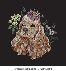 Embroidery floral pattern with dog in crown and lilac. Vector seamless embroidered template with flowers and animal for fashion design