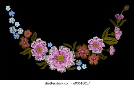 Embroidery floral pattern with dog roses and forget me not flowers. Vector traditional folk fashion hand ornament on black background. illustration machine patch necklace paisley vintage flower 