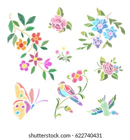 Embroidery floral pattern elements, birds and insects. Vector design fashion clothes style.