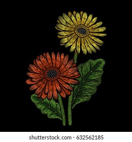 Embroidery floral pattern with gerbera on black background. Vector fashion ornament