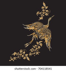 Embroidery floral pattern with gold crane. Vector embroidered elements for clothing design.