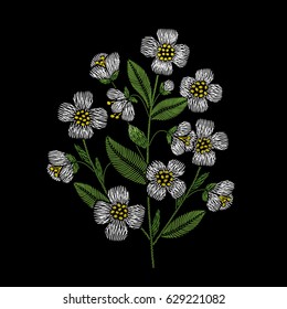 Embroidery floral pattern with jasmine on black background. Vector fashion ornament