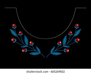 Embroidery floral pattern with leaves and berries on black background. Vector fashion ornament