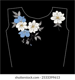 Embroidery floral pattern on a black background. Vector illustration. Embroidery flower round neck line patch composition for t-shirt design.