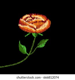 Embroidery floral pattern with an orange yellow rose or peony blossom. Vector embroidered flower for clothing design. Hand made design illustration. Modern trendy fashion design elements.