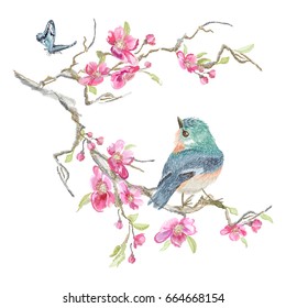 Embroidery floral pattern with oriental cherry blossom and varied titmouse. Vector embroidered patch with flowers and bird for clothing design