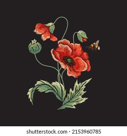 Embroidery floral pattern with poppies flowers and bee . Vector  traditional embroidered bouquet of red poppies on black background for design