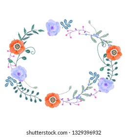 Embroidery floral pattern with poppies. Vector embroidered bouquet with flowers white background for clothing design.