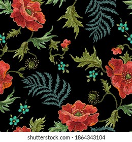 Embroidery floral pattern with poppies. Vector embroidered patch with flowers for wearing design.