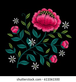 Embroidery floral pattern with poppy and leaves on black background. Vector fashion ornament