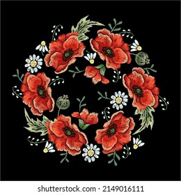Embroidery  floral pattern with red poppies, camomiles and lilies of the valley.Vector traditional embroidered garland with flowers on black background for fashion clothing.
