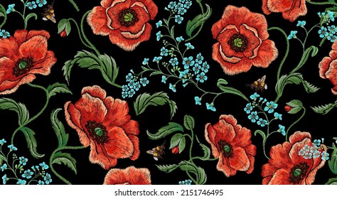 Embroidery floral pattern with red poppies, forget-me-nots and bees. Vector seamless embroidered template with flowers fashion design on black background