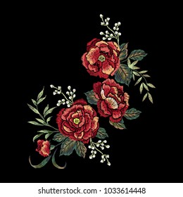 Embroidery floral pattern with red rose. Vector embroidered elements with flowers for wearing design.