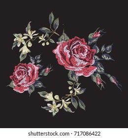 Embroidery floral pattern with red roses. Vector embroidered bouquet with flowers for wearing design