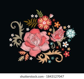 Embroidery floral pattern with rose flower and bud. Beautiful ornament on black background. 