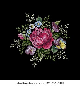 Embroidery floral pattern with rose and violets. Vector embroidered elements with flowers for wearing design.
