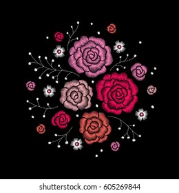 Embroidery floral pattern with roses and branches on black background. Vector fashion ornament