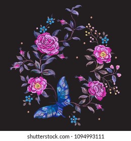 Embroidery floral pattern with roses and butterfly. Vector embroidered bouquet with flowers for wearing design.